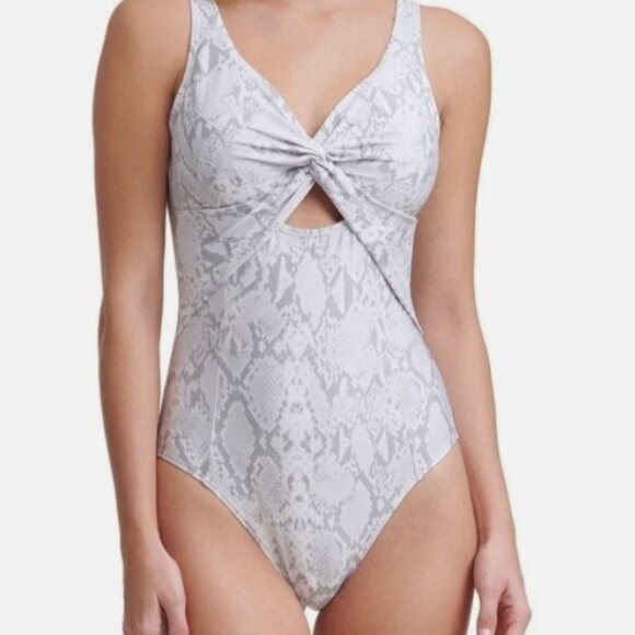 DKNY SPLASH Peek-a-boo Twist Cutout White & Grey One-Piece Swimsuit US 14 NWT - Picture 3 of 3